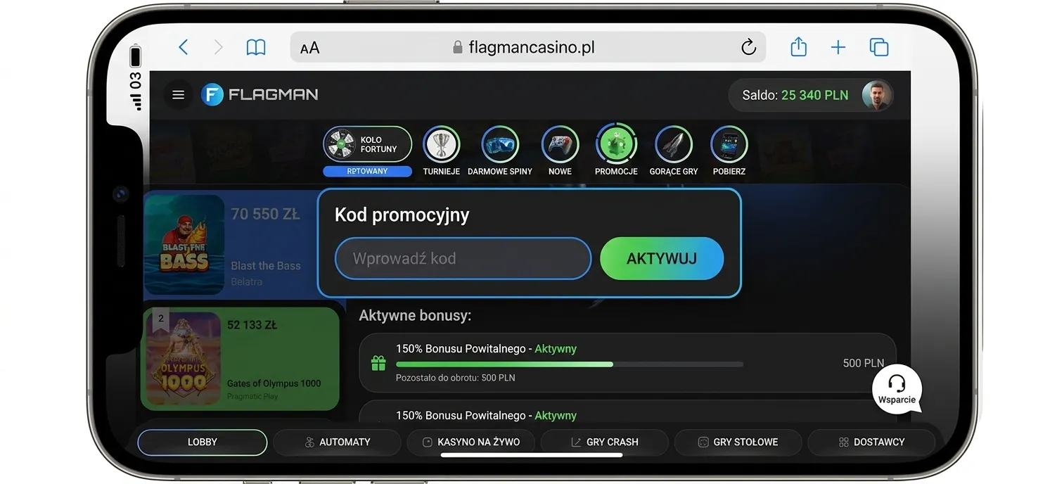 Miejsce wpisania kodu promocyjnego w Flagman Casino